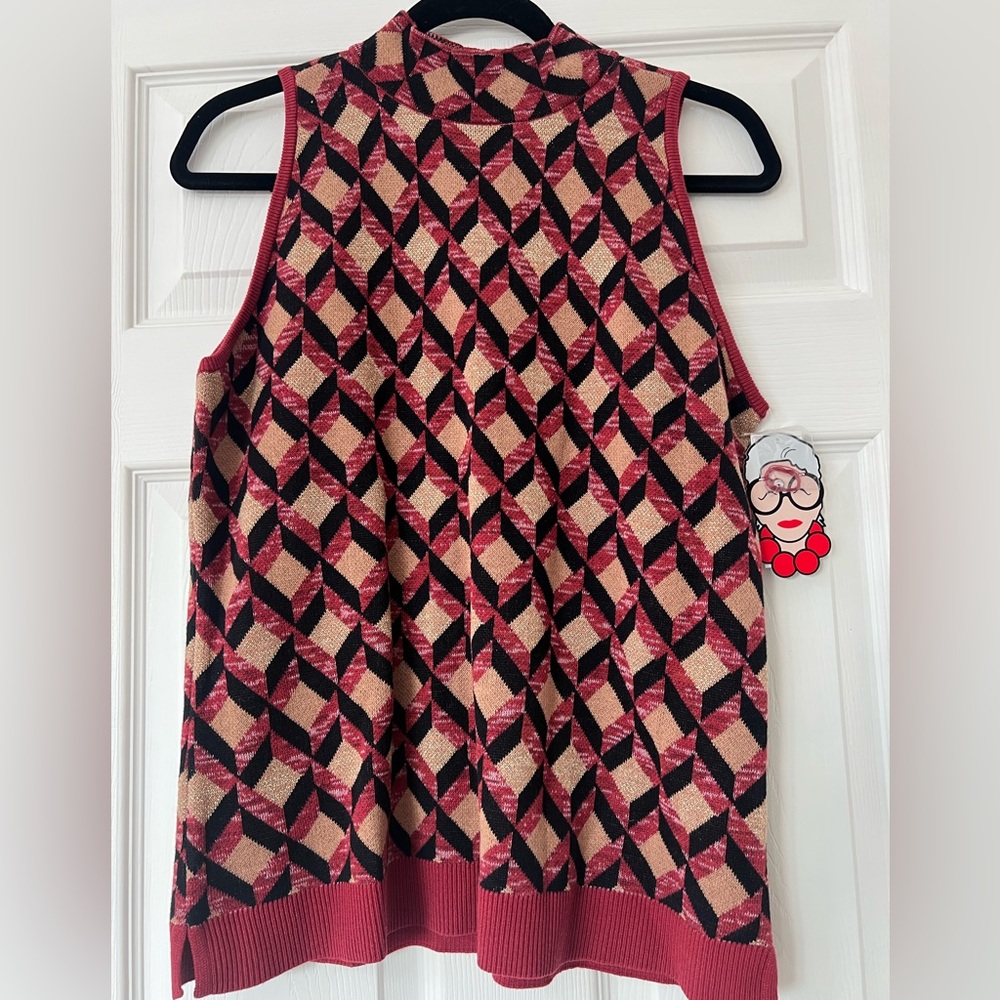IRIS Apfel x INC International Concepts Black Red Gold Sleeveless Jacquard Top